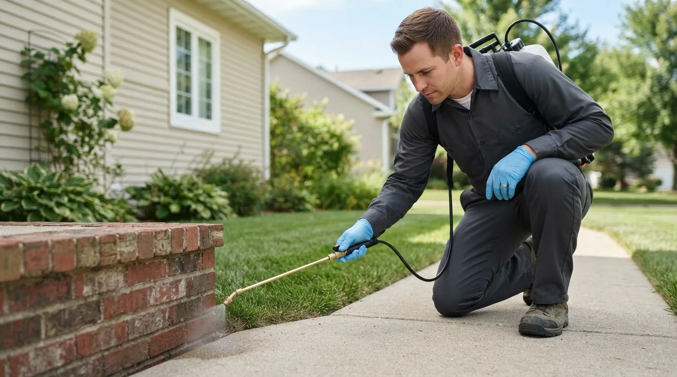 Pest control technician treating a home near North Babylon, NY