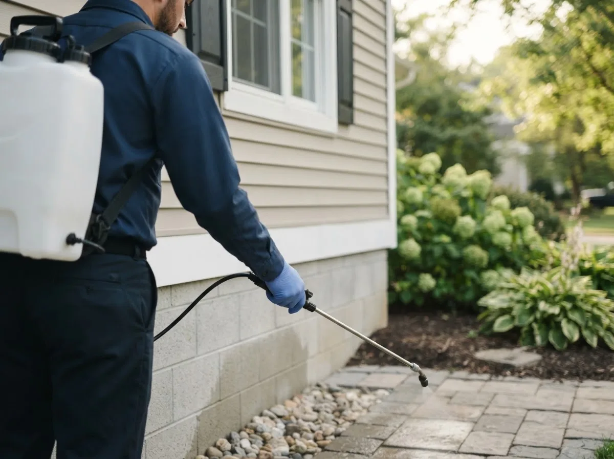 Pest control technician inspecting a home in North Babylon, NY